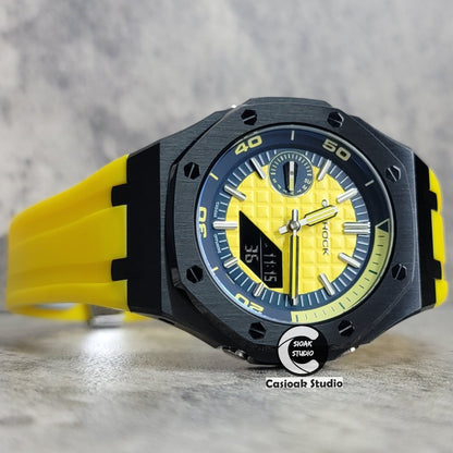 Casioak Mod Watch New Black Case Yellow Rubber Strap Blue Yellow Time Mark Yellow Waffle Dial 44mm Sapphire Glass- Casioak Mod Casio G-Shock Royal Oak Custom Mens Luxury Watches Ga2100