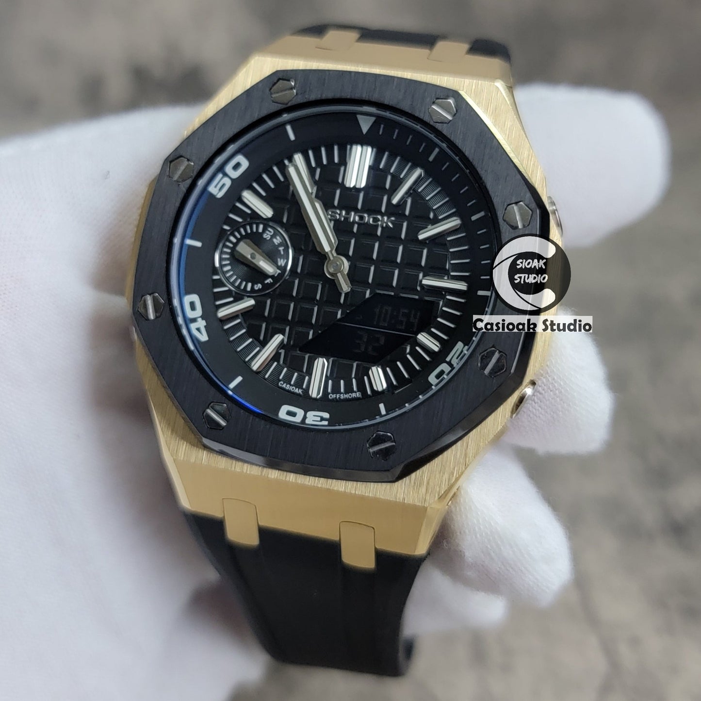 Casioak Mod Watch New Black Gold Case Black Rubber Strap Black Time Mark Black Dial 44mm Blue Sapphire Glass- Casioak Mod Casio G-Shock Royal Oak Custom Mens Luxury Watches Ga2100