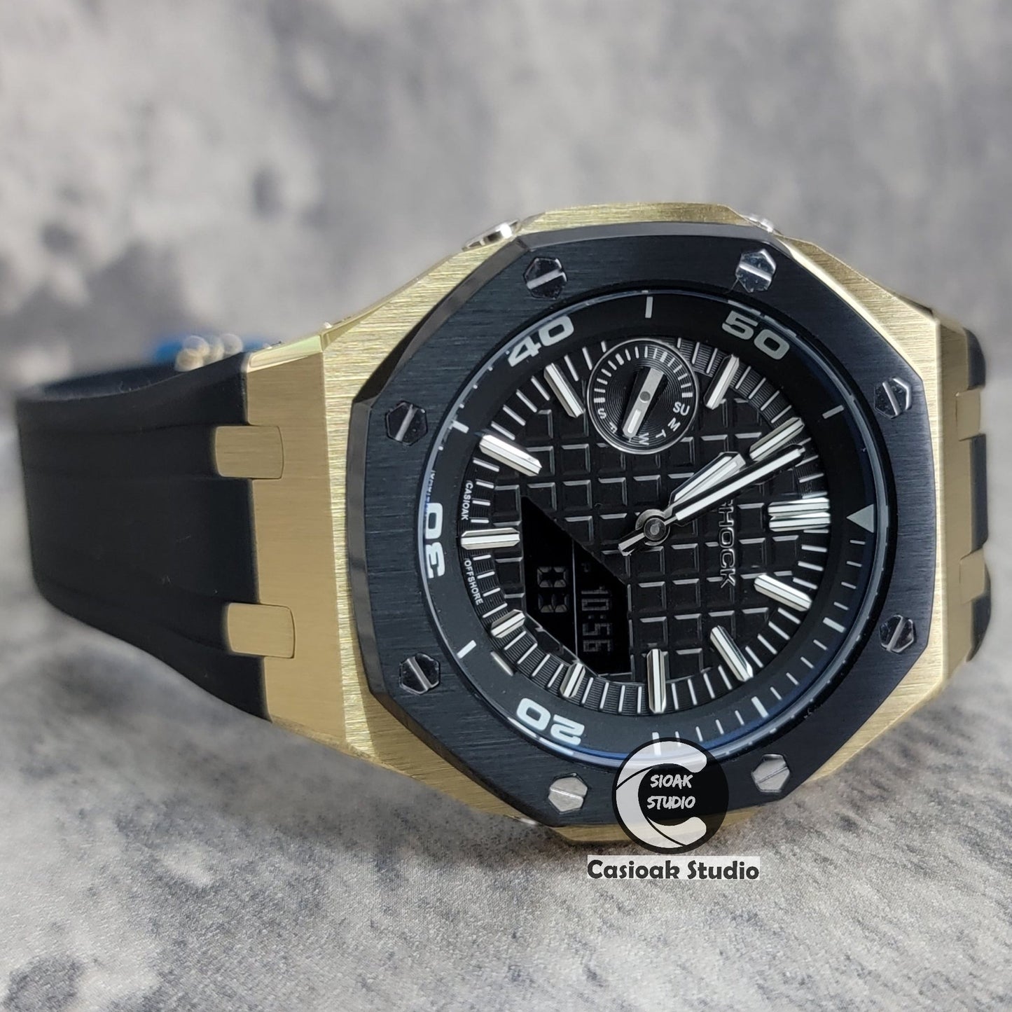 Casioak Mod Watch New Black Gold Case Black Rubber Strap Black Time Mark Black Dial 44mm Blue Sapphire Glass- Casioak Mod Casio G-Shock Royal Oak Custom Mens Luxury Watches Ga2100