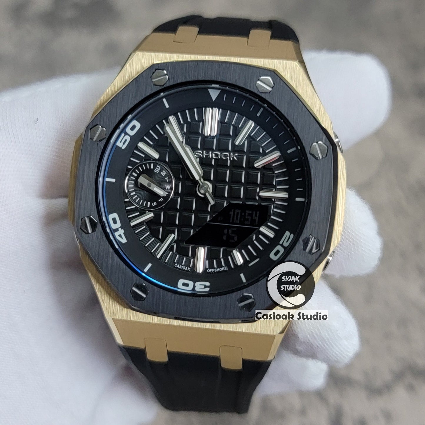 Casioak Mod Watch New Black Gold Case Black Rubber Strap Black Time Mark Black Dial 44mm Blue Sapphire Glass- Casioak Mod Casio G-Shock Royal Oak Custom Mens Luxury Watches Ga2100