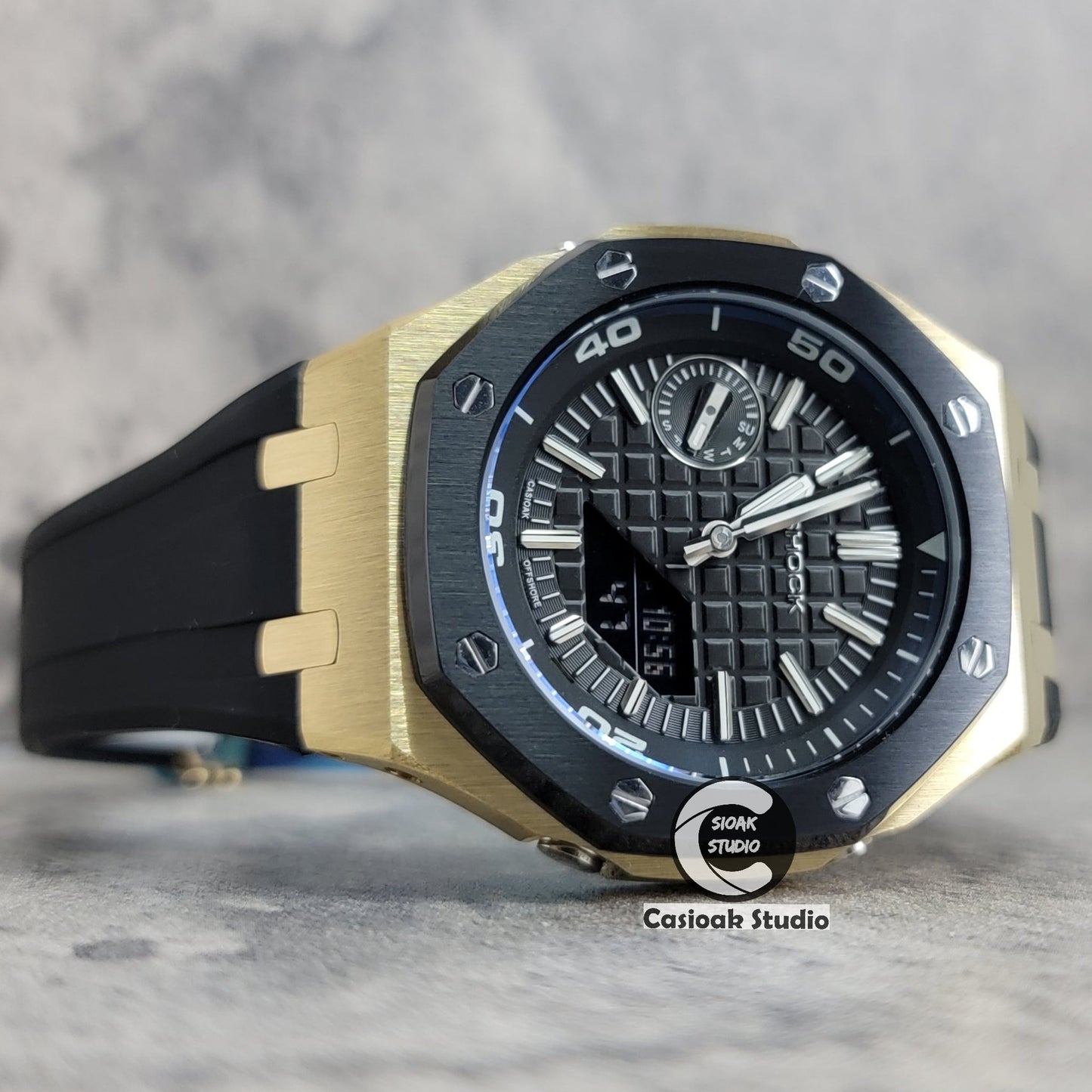 Casioak Mod Watch New Black Gold Case Black Rubber Strap Black Time Mark Black Dial 44mm Blue Sapphire Glass- Casioak Mod Casio G-Shock Royal Oak Custom Mens Luxury Watches Ga2100