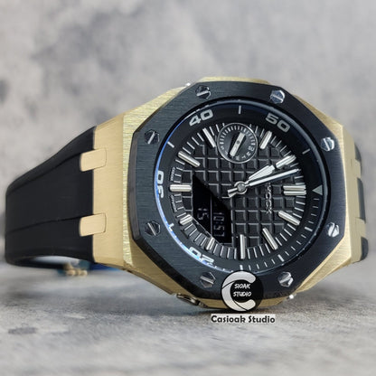 Casioak Mod Watch New Black Gold Case Black Rubber Strap Black Time Mark Black Dial 44mm Blue Sapphire Glass- Casioak Mod Casio G-Shock Royal Oak Custom Mens Luxury Watches Ga2100