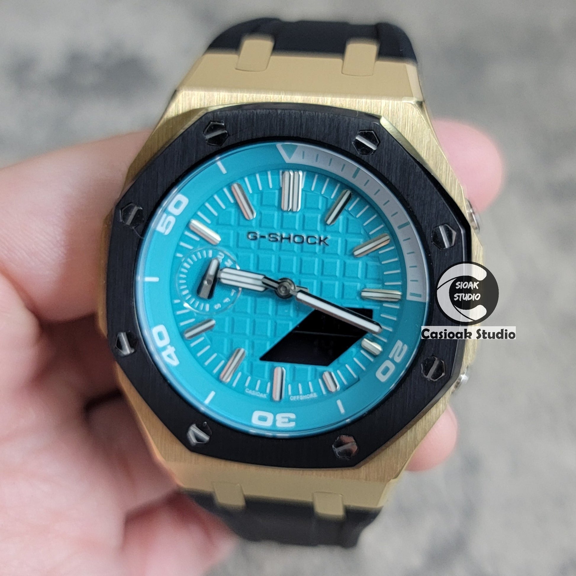 Casioak Mod Watch New Gold Black Case Black Rubber Strap Silver Time Mark Tiff Blue Dial 44mm Sapphire Glass- Casioak Mod Casio G-Shock Royal Oak Custom Mens Luxury Watches Ga2100