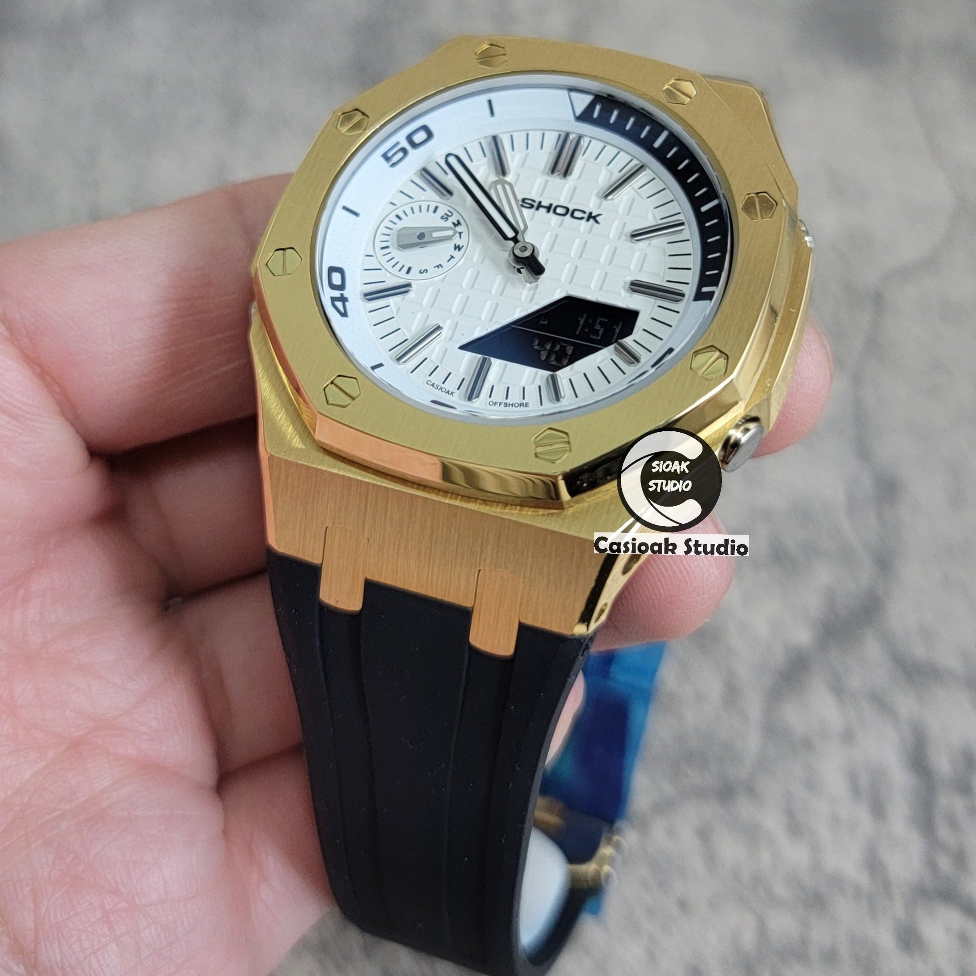 Casioak Mod Watch New Gold Case Black Rubber Strap Silver Time Mark White Dial 44mm Blue Sapphire Glass- Casioak Mod Casio G-Shock Royal Oak Custom Mens Luxury Watches Ga2100