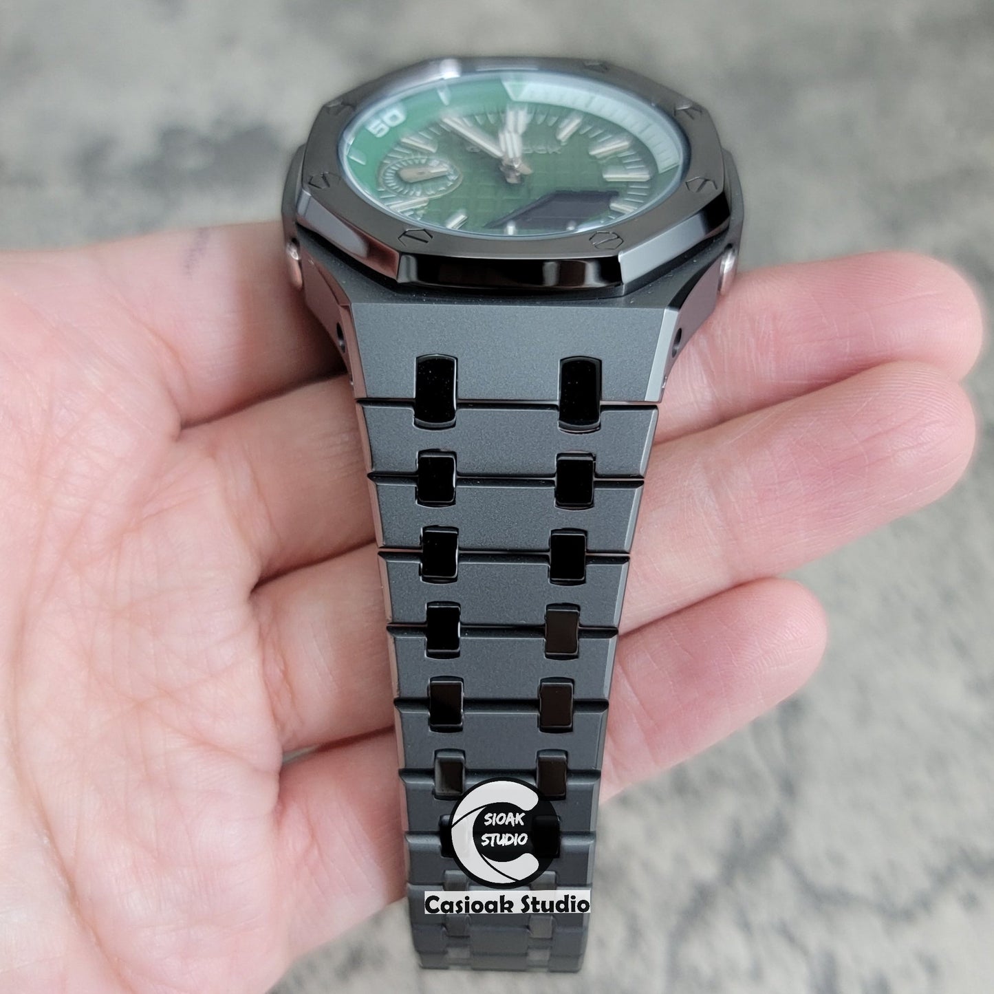 Casioak Mod Watch New Polished Gray Case Metal Strap Green Time Mark Green Dial 44mm Sapphire Glass- Casioak Mod Casio G-Shock Royal Oak Custom Mens Luxury Watches Ga2100