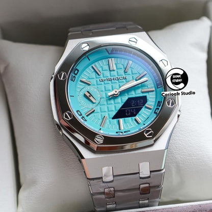 Casioak Mod Watch New Polished Silver Case Metal Strap Silver Time Mark Tiff Blue Dial 44mm Sapphire Glass- Casioak Mod Casio G-Shock Royal Oak Custom Mens Luxury Watches Ga2100