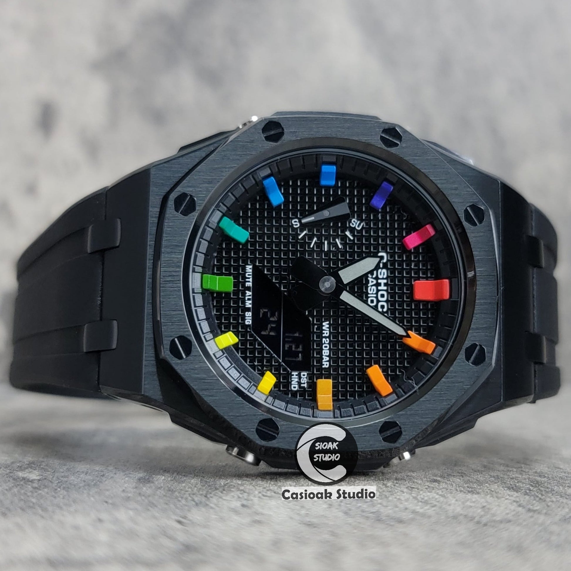 Casioak Mod Watch Offshore Superior Black Case Black Rubber Rubber Strap Black Rainbow Time Mark Black Waffle Dial 44mm- Casioak Mod Casio G-Shock Royal Oak Custom Mens Luxury Watches Ga2100