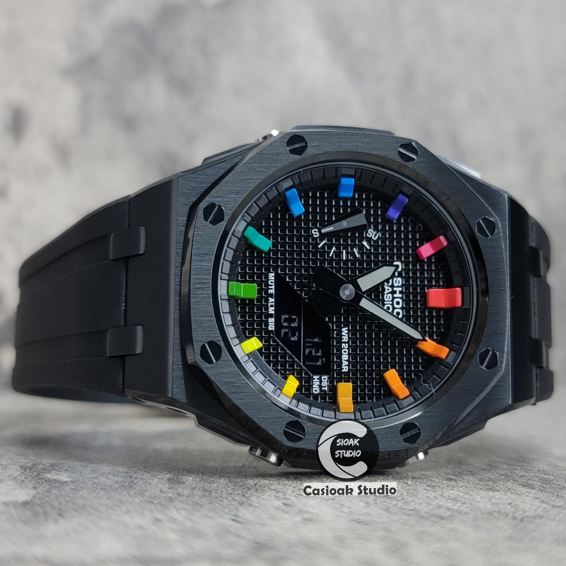 Casioak Mod Watch Offshore Superior Black Case Black Rubber Rubber Strap Black Rainbow Time Mark Black Waffle Dial 44mm- Casioak Mod Casio G-Shock Royal Oak Custom Mens Luxury Watches Ga2100