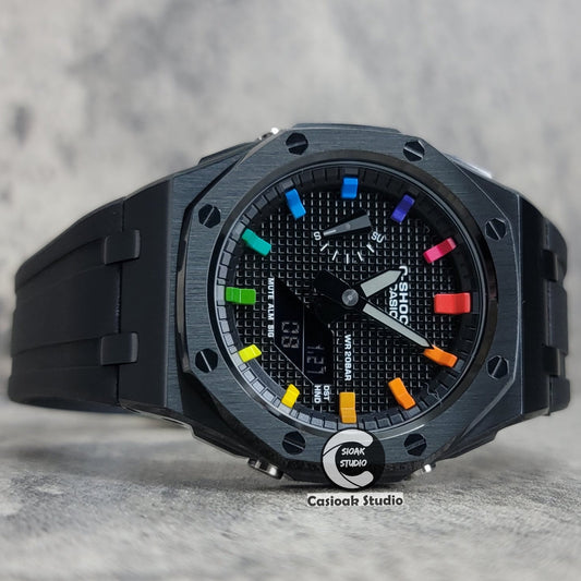 Casioak Mod Watch Offshore Superior Black Case Black Rubber Rubber Strap Black Rainbow Time Mark Black Waffle Dial 44mm- Casioak Mod Casio G-Shock Royal Oak Custom Mens Luxury Watches Ga2100