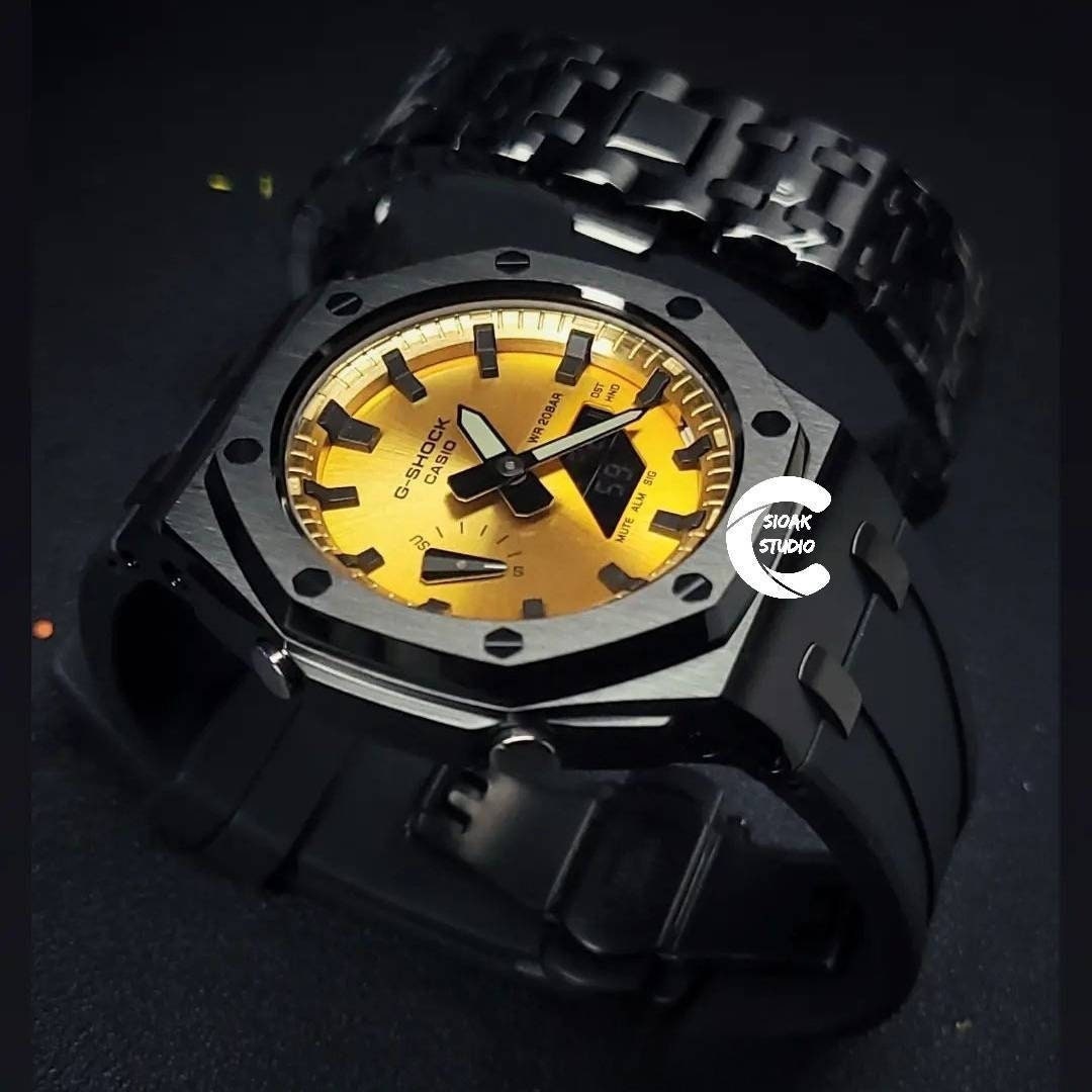 Casioak Mod Watch Offshore Superior Black Case Black Rubber Rubber Strap Gold Time Mark Dial 44mm- Casioak Mod Casio G-Shock Royal Oak Custom Mens Luxury Watches Ga2100