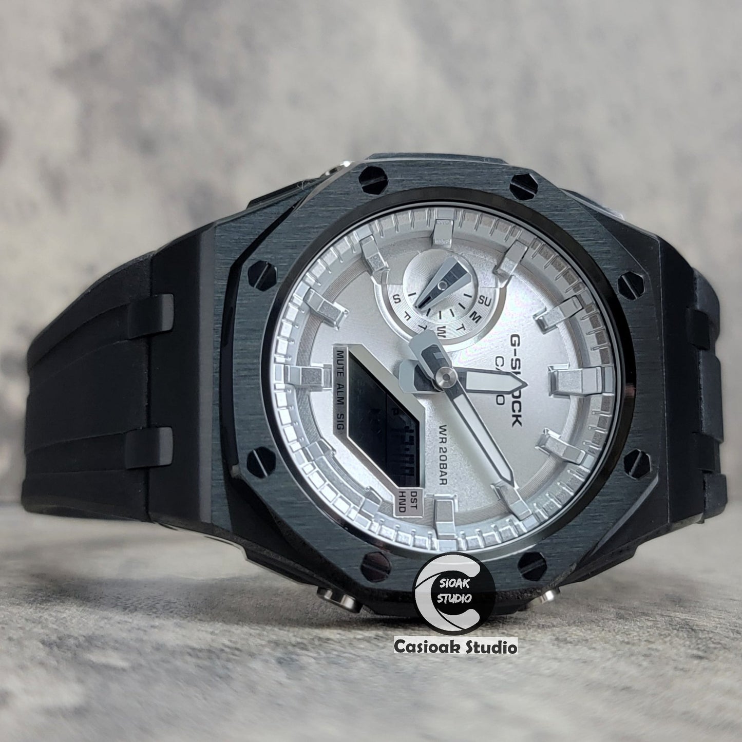 Casioak Mod Watch Offshore Superior Black Case Black Rubber Rubber Strap Silver Time Mark Silver Dial 44mm- Casioak Mod Casio G-Shock Royal Oak Custom Mens Luxury Watches Ga2100