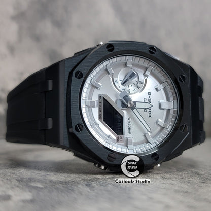 Casioak Mod Watch Offshore Superior Black Case Black Rubber Rubber Strap Silver Time Mark Silver Dial 44mm- Casioak Mod Casio G-Shock Royal Oak Custom Mens Luxury Watches Ga2100