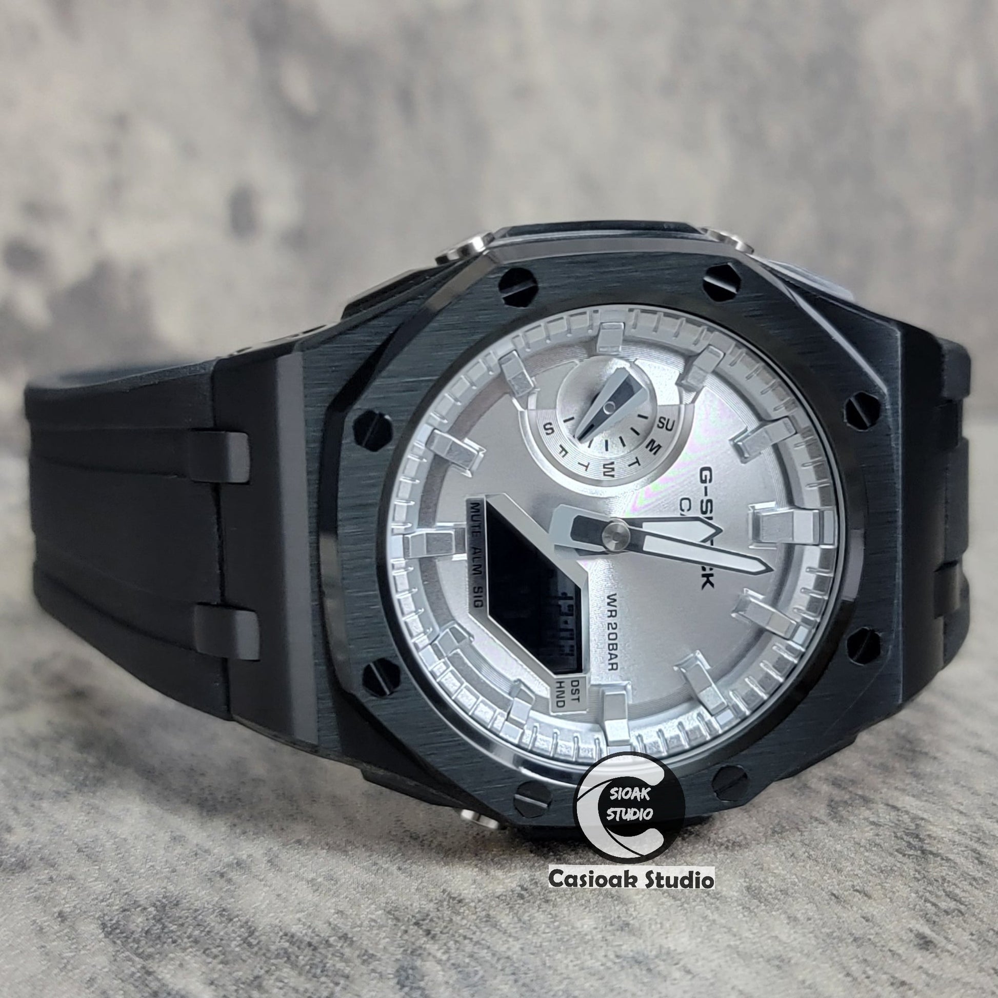 Casioak Mod Watch Offshore Superior Black Case Black Rubber Rubber Strap Silver Time Mark Silver Dial 44mm- Casioak Mod Casio G-Shock Royal Oak Custom Mens Luxury Watches Ga2100