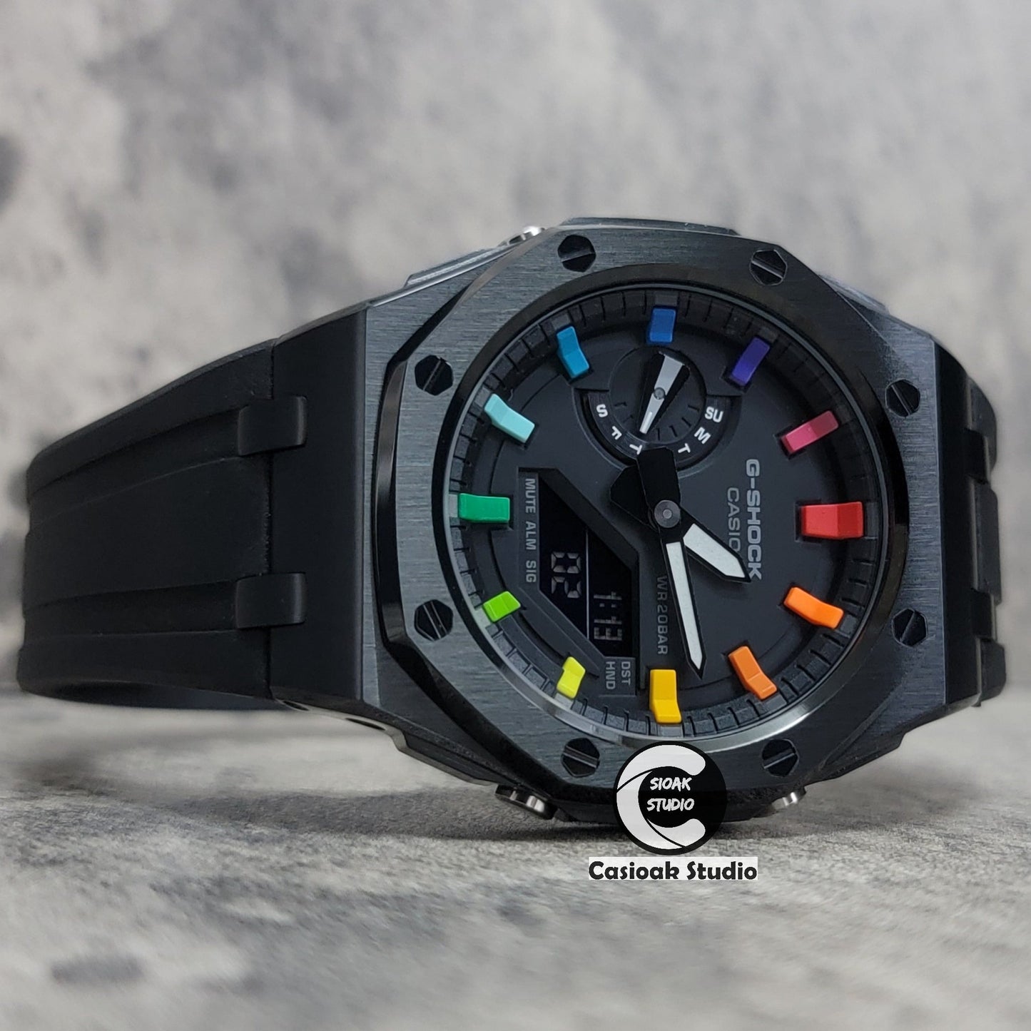 Casioak Mod Watch Offshore Superior Black Case Black Rubber Strap Black Rainbow Time Mark Black Dial 44mm- Casioak Mod Casio G-Shock Royal Oak Custom Mens Luxury Watches Ga2100