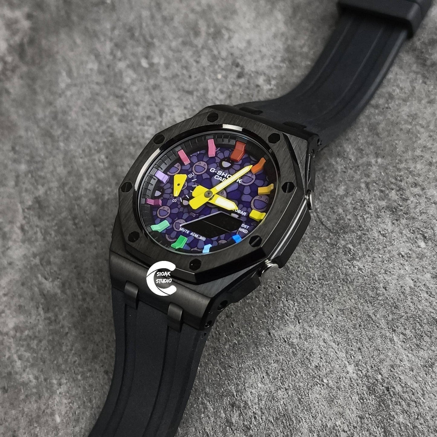 Casioak Mod Watch Offshore Superior Black Case Black Rubber Strap Black Rainbow Time Mark Takashi Murakami Dial 44mm- Casioak Mod Casio G-Shock Royal Oak Custom Mens Luxury Watches Ga2100