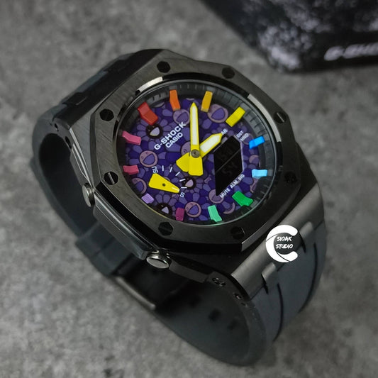 Casioak Mod Watch Offshore Superior Black Case Black Rubber Strap Black Rainbow Time Mark Takashi Murakami Dial 44mm- Casioak Mod Casio G-Shock Royal Oak Custom Mens Luxury Watches Ga2100