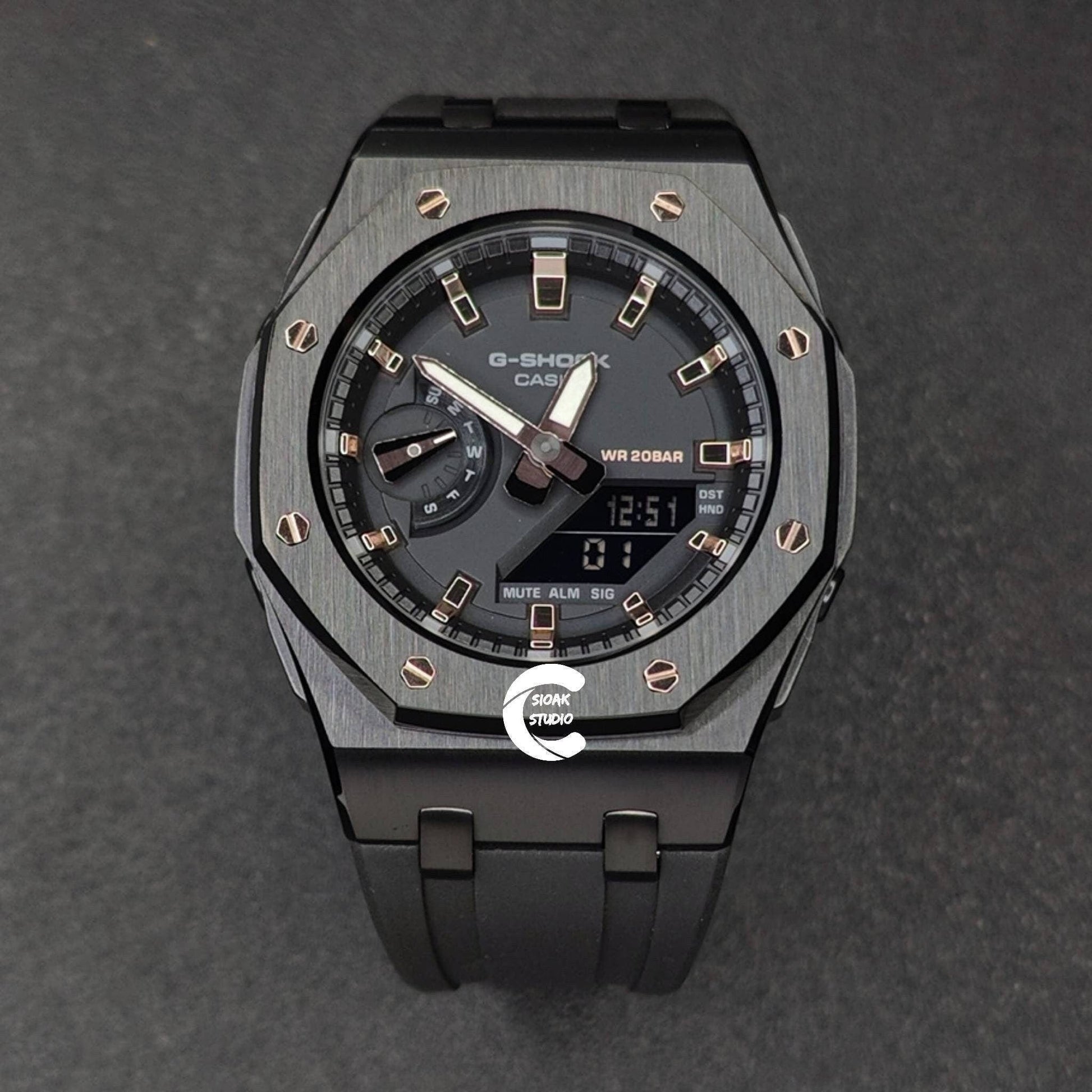 Casioak Mod Watch Offshore Superior Black Case Black Rubber Strap Black Rose Gold Time Mark Black Dial 42mm- Casioak Mod Casio G-Shock Royal Oak Custom Mens Luxury Watches Ga2100