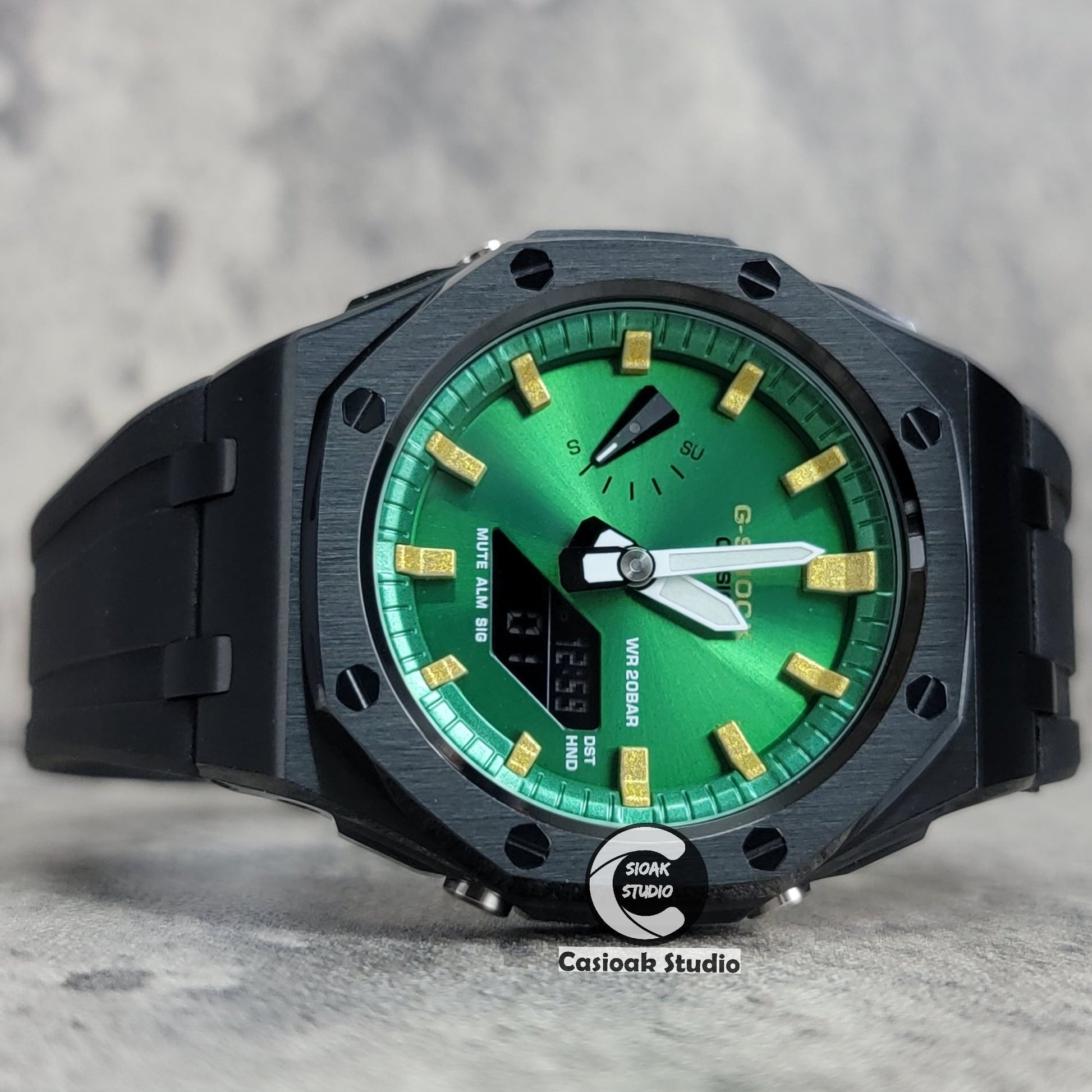 Casioak Mod Watch Offshore Superior Black Case Black Rubber Strap Green Gold Time Mark Green Dial 44mm- Casioak Mod Casio G-Shock Royal Oak Custom Mens Luxury Watches Ga2100