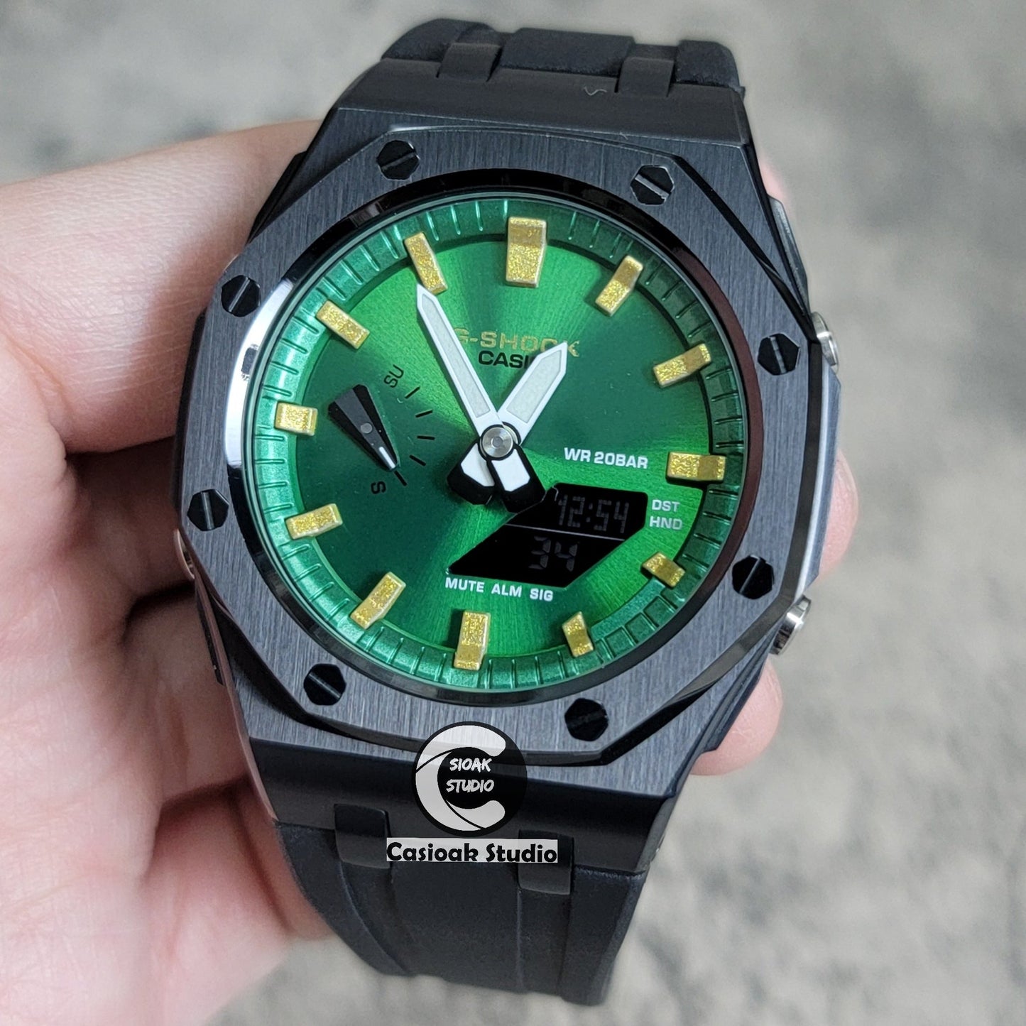 Casioak Mod Watch Offshore Superior Black Case Black Rubber Strap Green Gold Time Mark Green Dial 44mm- Casioak Mod Casio G-Shock Royal Oak Custom Mens Luxury Watches Ga2100