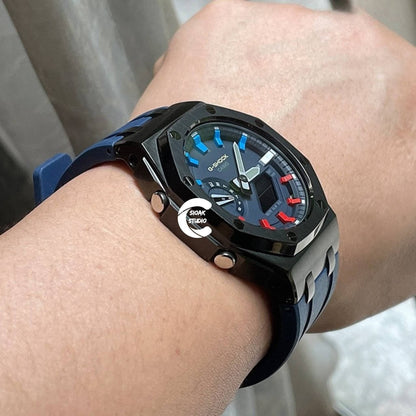 Casioak Mod Watch Offshore Superior Black Case Blue Rubber Rubber Strap Blue Rainbow Time Mark Blue Dial 44mm- Casioak Mod Casio G-Shock Royal Oak Custom Mens Luxury Watches Ga2100