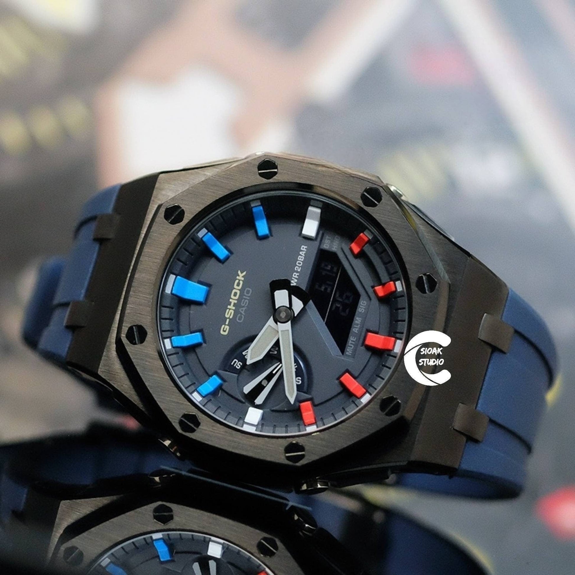 Casioak Mod Watch Offshore Superior Black Case Blue Rubber Rubber Strap Blue Rainbow Time Mark Blue Dial 44mm- Casioak Mod Casio G-Shock Royal Oak Custom Mens Luxury Watches Ga2100