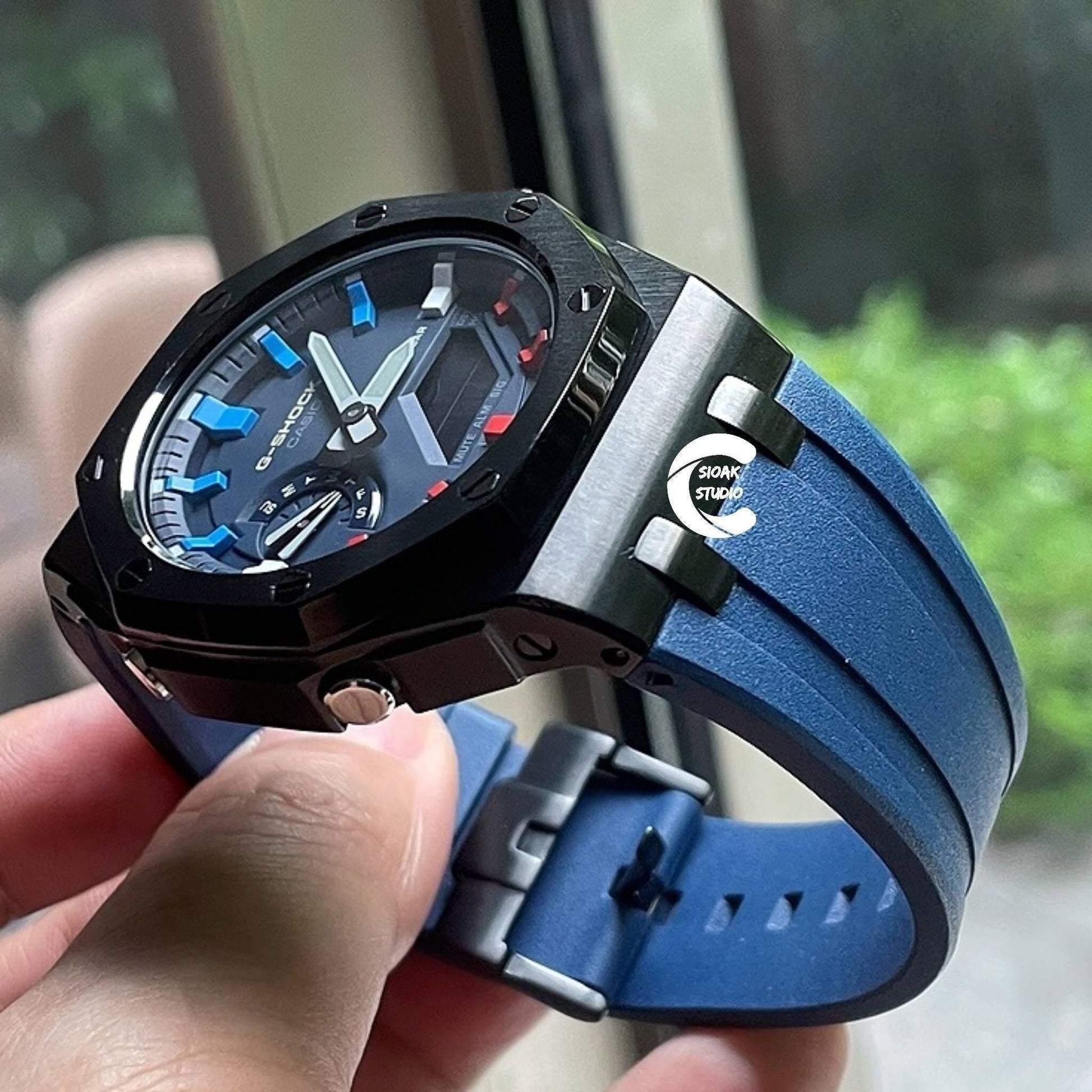 Casioak Mod Watch Offshore Superior Black Case Blue Rubber Rubber Strap Blue Rainbow Time Mark Blue Dial 44mm- Casioak Mod Casio G-Shock Royal Oak Custom Mens Luxury Watches Ga2100