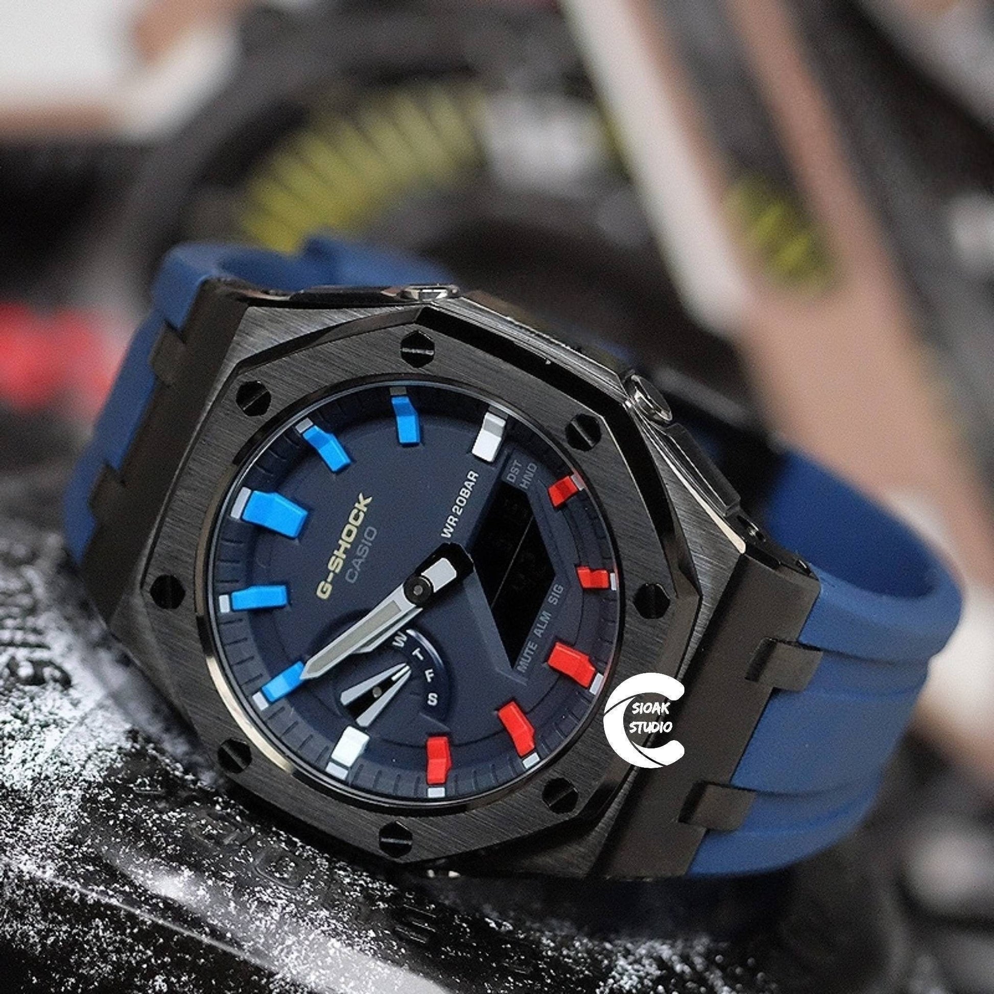 Casioak Mod Watch Offshore Superior Black Case Blue Rubber Rubber Strap Blue Rainbow Time Mark Blue Dial 44mm- Casioak Mod Casio G-Shock Royal Oak Custom Mens Luxury Watches Ga2100