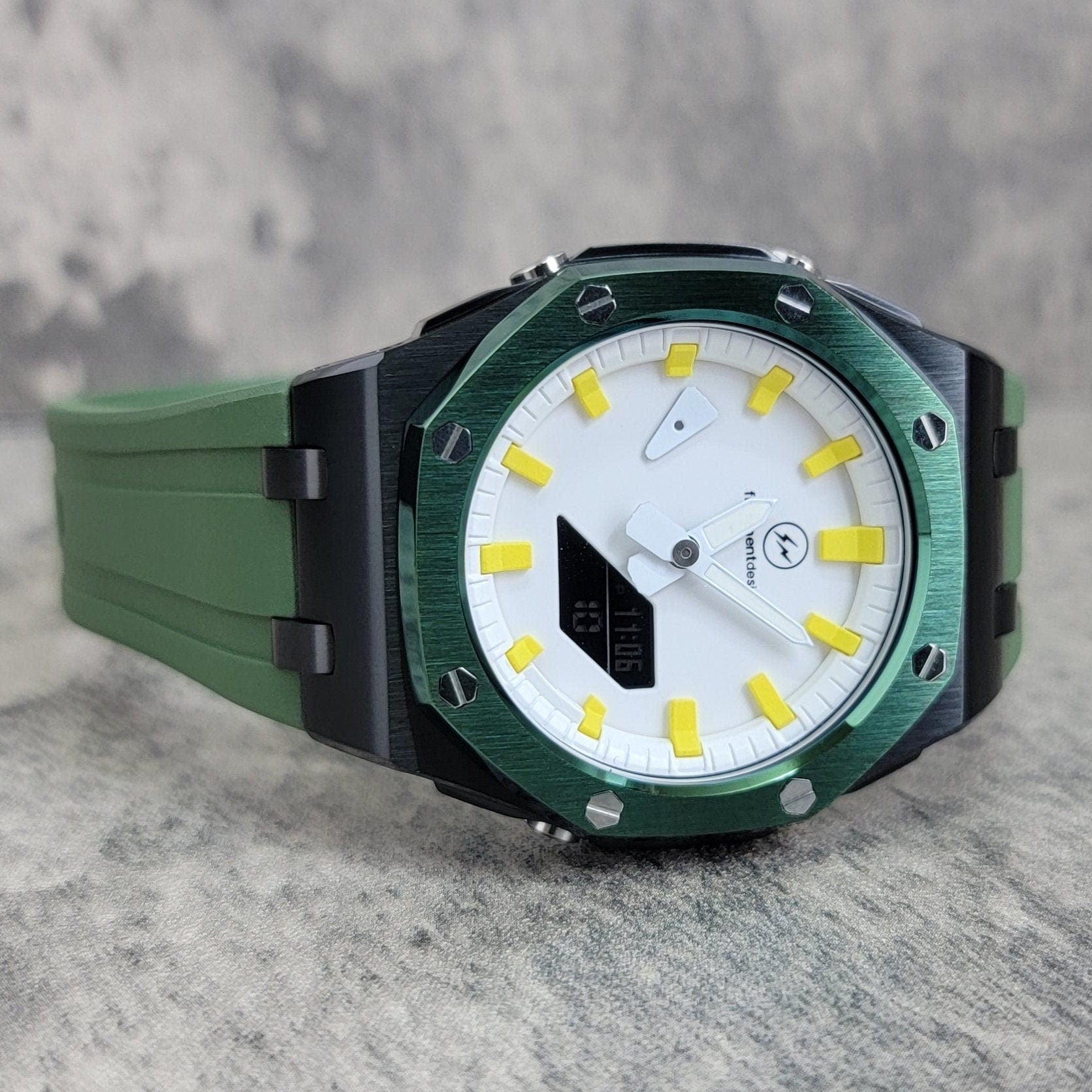 Casioak Mod Watch Offshore Superior Black Case Green Rubber Strap White Yellow Time Mark White Dial 44mm- Casioak Mod Casio G-Shock Royal Oak Custom Mens Luxury Watches Ga2100