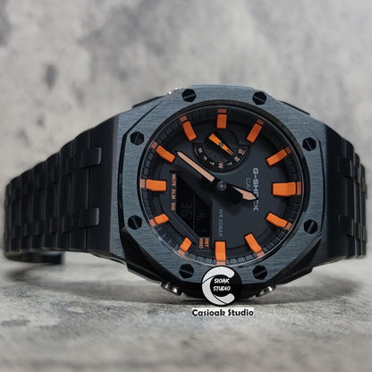 Casioak Mod Watch Offshore Superior Black Case Metal Strap Black Orange Time Mark Black Dial 44mm- Casioak Mod Casio G-Shock Royal Oak Custom Mens Luxury Watches Ga2100