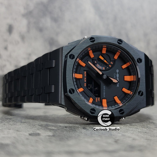 Casioak Mod Watch Offshore Superior Black Case Metal Strap Black Orange Time Mark Black Dial 44mm- Casioak Mod Casio G-Shock Royal Oak Custom Mens Luxury Watches Ga2100