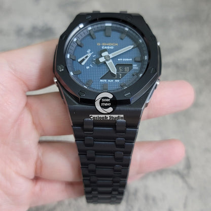 Casioak Mod Watch Offshore Superior Black Case Metal Strap Black Time Mark Blue Waffle Dial 44mm- Casioak Mod Casio G-Shock Royal Oak Custom Mens Luxury Watches Ga2100