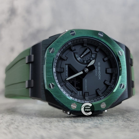 Casioak Mod Watch Offshore Superior Black Green Case Green Rubber Rubber Strap Black Time Mark Black Dial 44mm- Casioak Mod Casio G-Shock Royal Oak Custom Mens Luxury Watches Ga2100