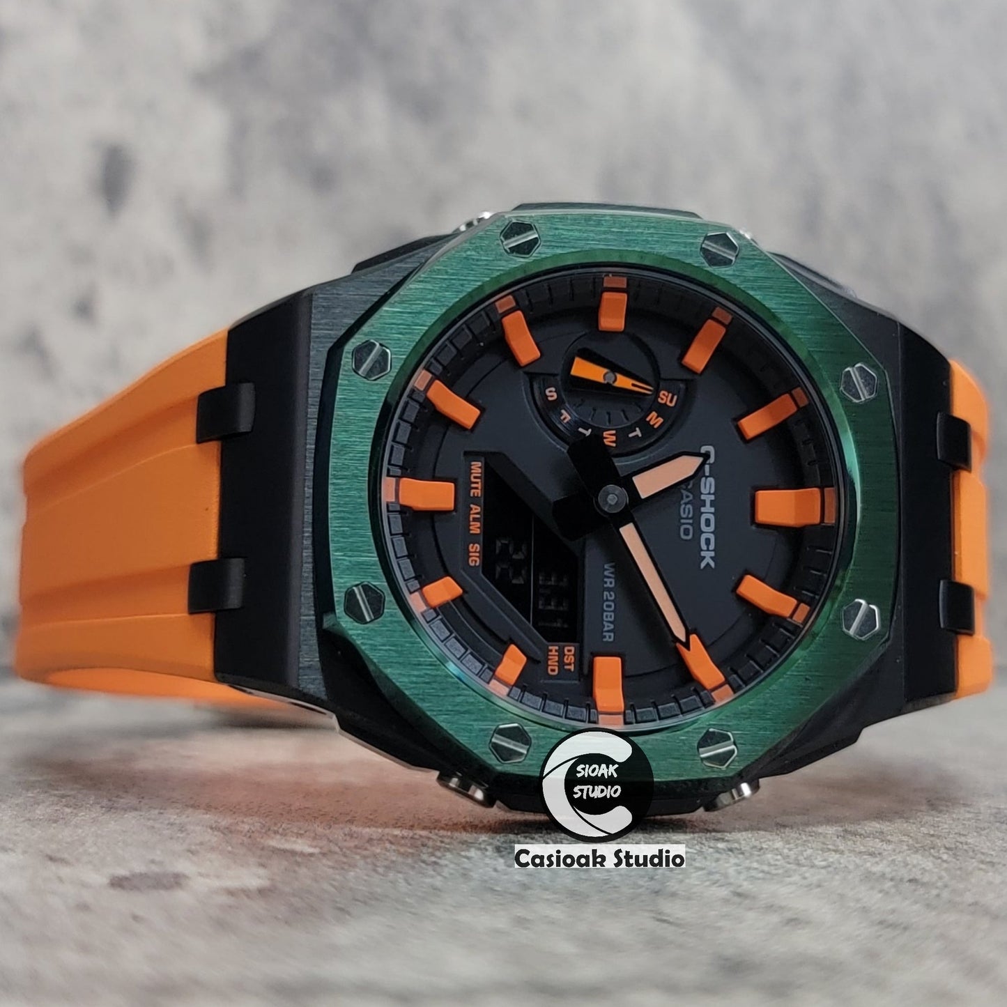 Casioak Mod Watch Offshore Superior Black Green Case Orange Rubber Strap Black Orange Time Mark Black Dial 44mm- Casioak Mod Casio G-Shock Royal Oak Custom Mens Luxury Watches Ga2100