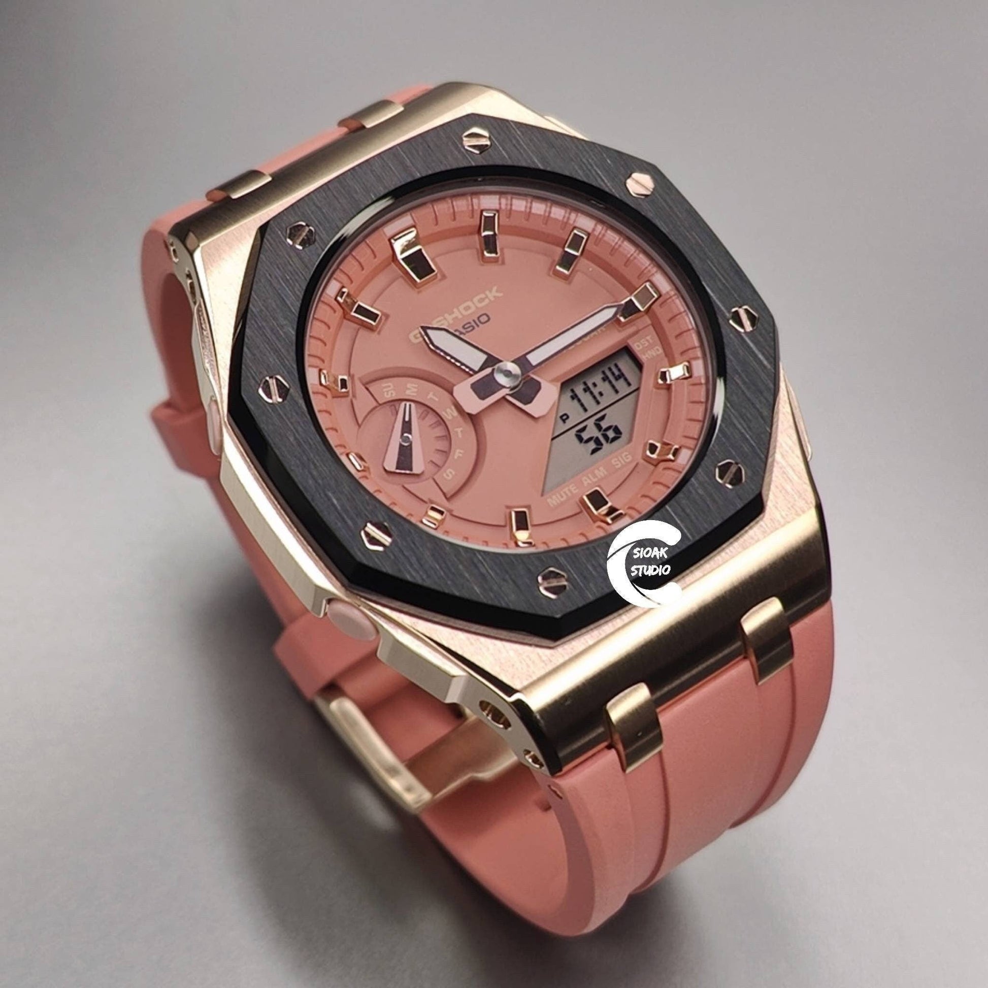 Casioak Mod Watch Offshore Superior Black Rose Gold Case Pink Strap Pink Rose Gold Time Mark Pink Dial 42mm- Casioak Mod Casio G-Shock Royal Oak Custom Mens Luxury Watches Ga2100