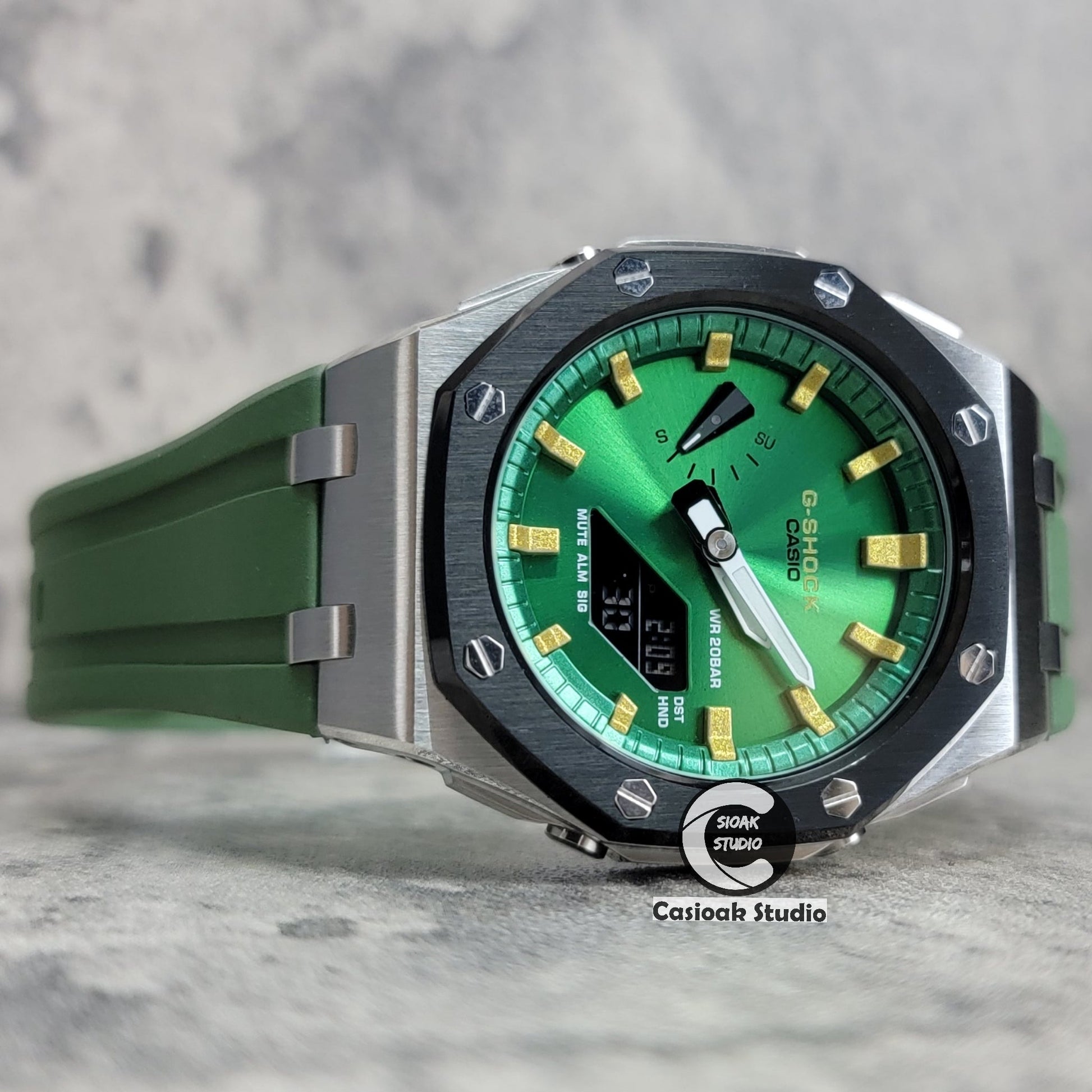 Casioak Mod Watch Offshore Superior Black Silver Case Black Rubber Strap Green Gold Time Mark Green Dial 44mm- Casioak Mod Casio G-Shock Royal Oak Custom Mens Luxury Watches Ga2100