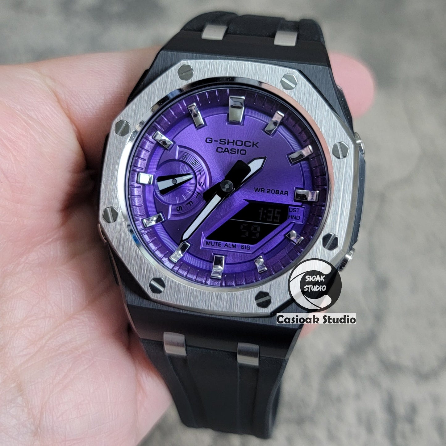 Casioak Mod Watch Offshore Superior Black Silver Case Black Rubber Strap Purple Silver Time Mark Purple Dial 44mm- Casioak Mod Casio G-Shock Royal Oak Custom Mens Luxury Watches Ga2100