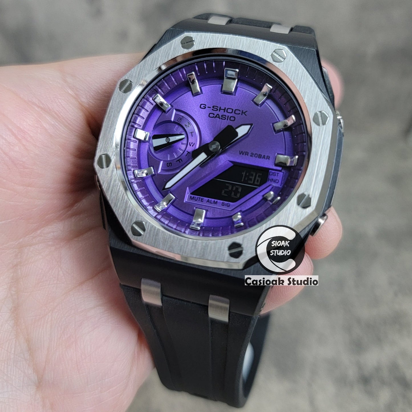 Casioak Mod Watch Offshore Superior Black Silver Case Black Rubber Strap Purple Silver Time Mark Purple Dial 44mm- Casioak Mod Casio G-Shock Royal Oak Custom Mens Luxury Watches Ga2100