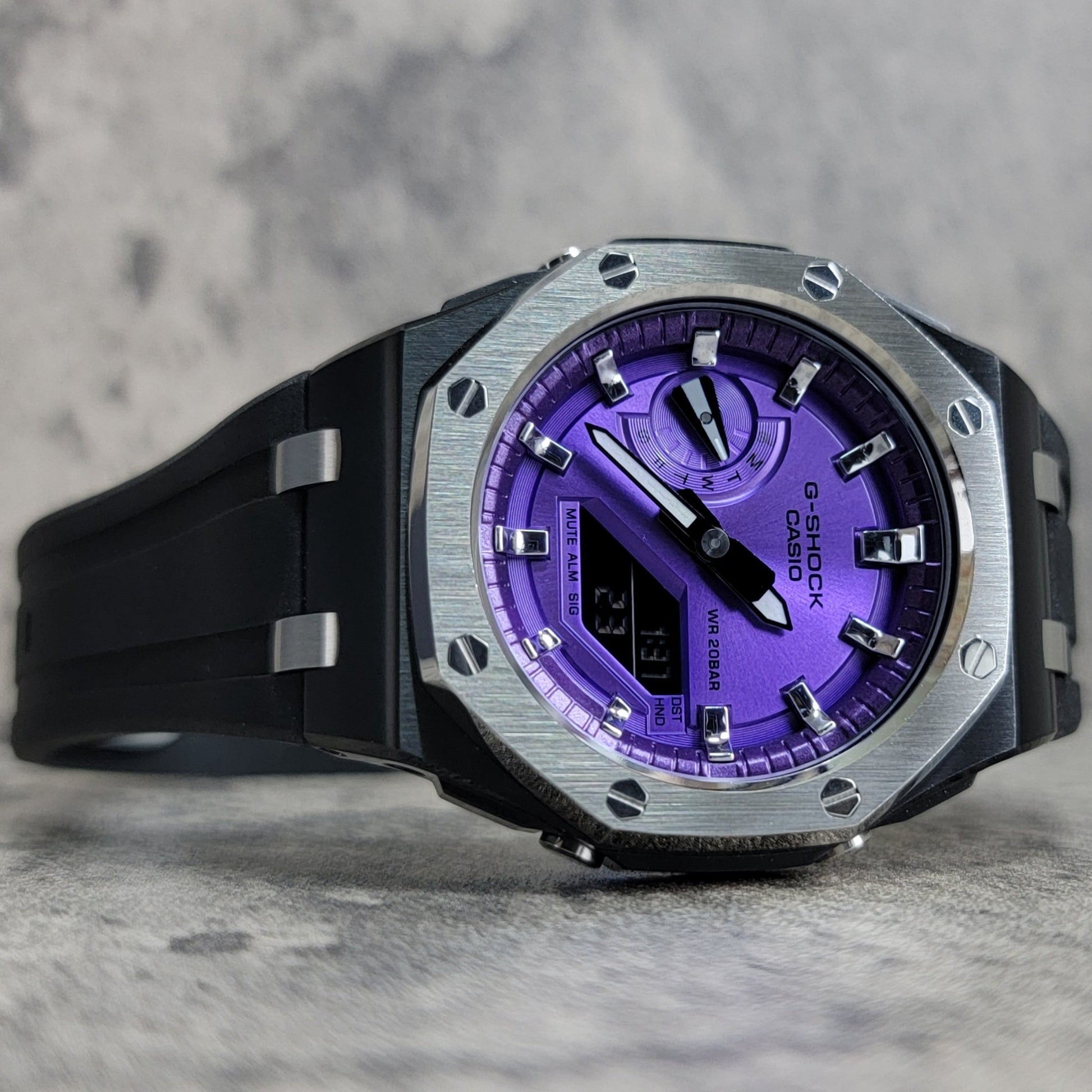 Casioak Mod Watch Offshore Superior Black Silver Case Black Rubber Strap Purple Silver Time Mark Purple Dial 44mm- Casioak Mod Casio G-Shock Royal Oak Custom Mens Luxury Watches Ga2100