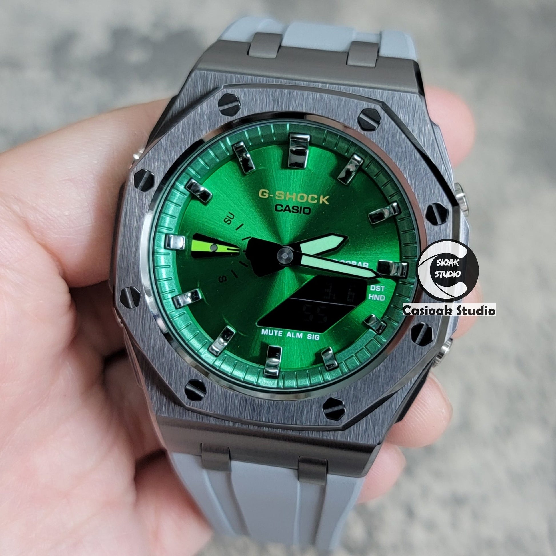 Casioak Mod Watch Offshore Superior Gray Case Black Rubber Strap Green Gray Time Mark Green Dial 44mm- Casioak Mod Casio G-Shock Royal Oak Custom Mens Luxury Watches Ga2100