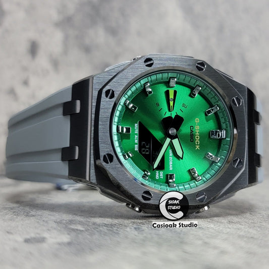 Casioak Mod Watch Offshore Superior Gray Case Black Rubber Strap Green Gray Time Mark Green Dial 44mm- Casioak Mod Casio G-Shock Royal Oak Custom Mens Luxury Watches Ga2100