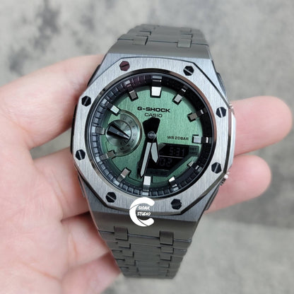 Casioak Mod Watch Offshore Superior Gray Case Metal Strap Black Gray Time Mark Olive Dial 44mm- Casioak Mod Casio G-Shock Royal Oak Custom Mens Luxury Watches Ga2100