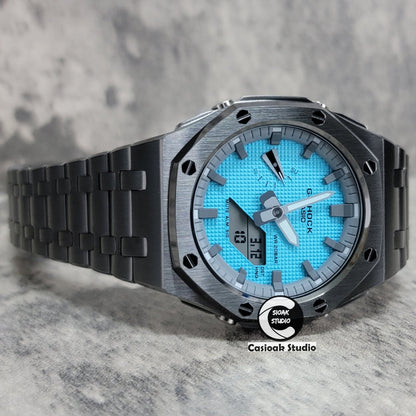 Casioak Mod Watch Offshore Superior Gray Case Metal Strap Gray Time Mark Tiff Blue Dial 44mm- Casioak Mod Casio G-Shock Royal Oak Custom Mens Luxury Watches Ga2100