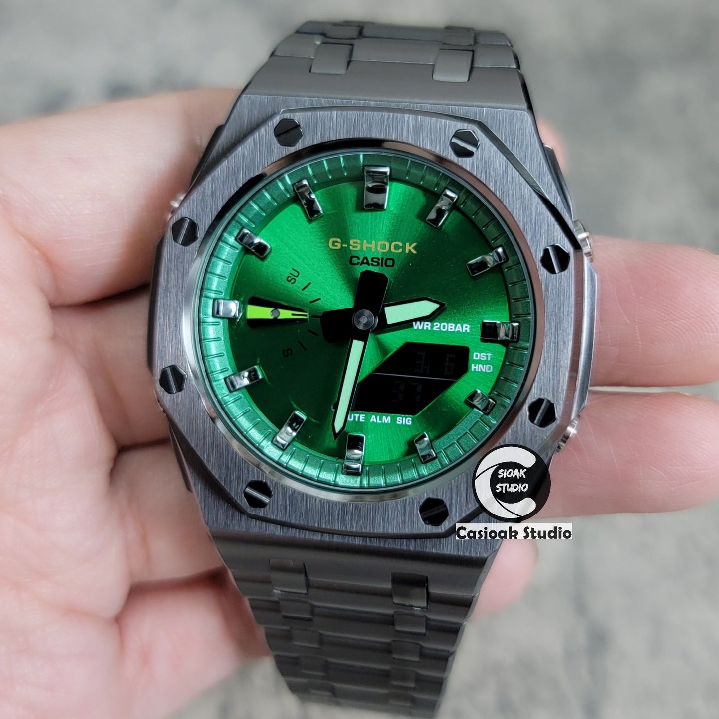 Casioak Mod Watch Offshore Superior Gray Case Metal Strap Green Gray Time Mark Green Dial 44mm- Casioak Mod Casio G-Shock Royal Oak Custom Mens Luxury Watches Ga2100