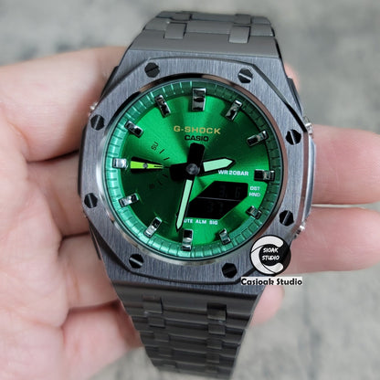 Casioak Mod Watch Offshore Superior Gray Case Metal Strap Green Gray Time Mark Green Dial 44mm- Casioak Mod Casio G-Shock Royal Oak Custom Mens Luxury Watches Ga2100