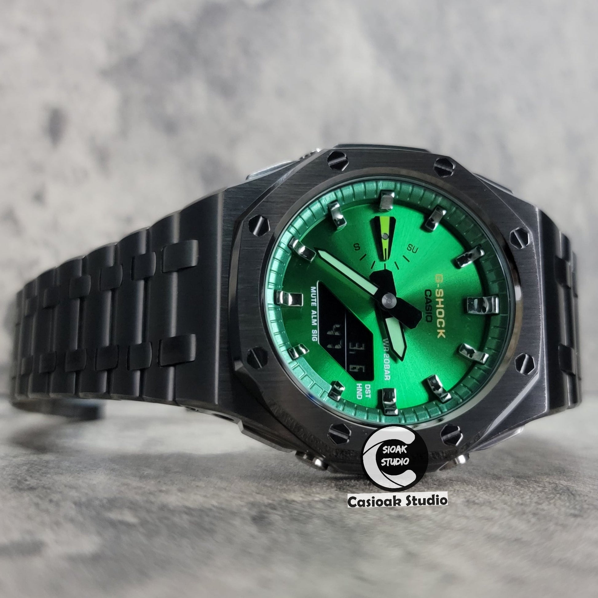 Casioak Mod Watch Offshore Superior Gray Case Metal Strap Green Gray Time Mark Green Dial 44mm- Casioak Mod Casio G-Shock Royal Oak Custom Mens Luxury Watches Ga2100