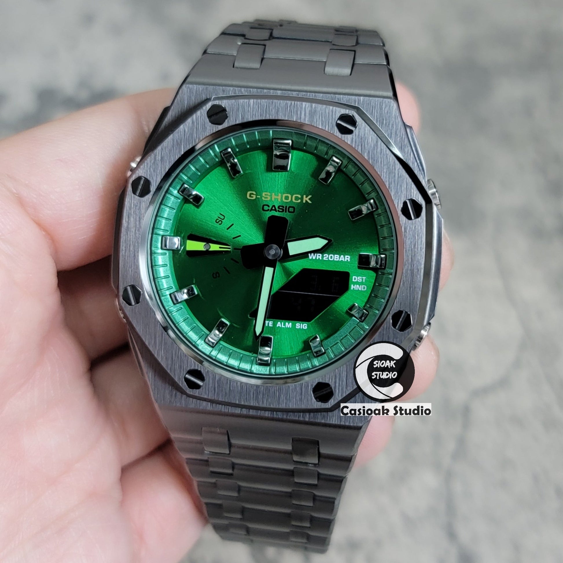 Casioak Mod Watch Offshore Superior Gray Case Metal Strap Green Gray Time Mark Green Dial 44mm- Casioak Mod Casio G-Shock Royal Oak Custom Mens Luxury Watches Ga2100