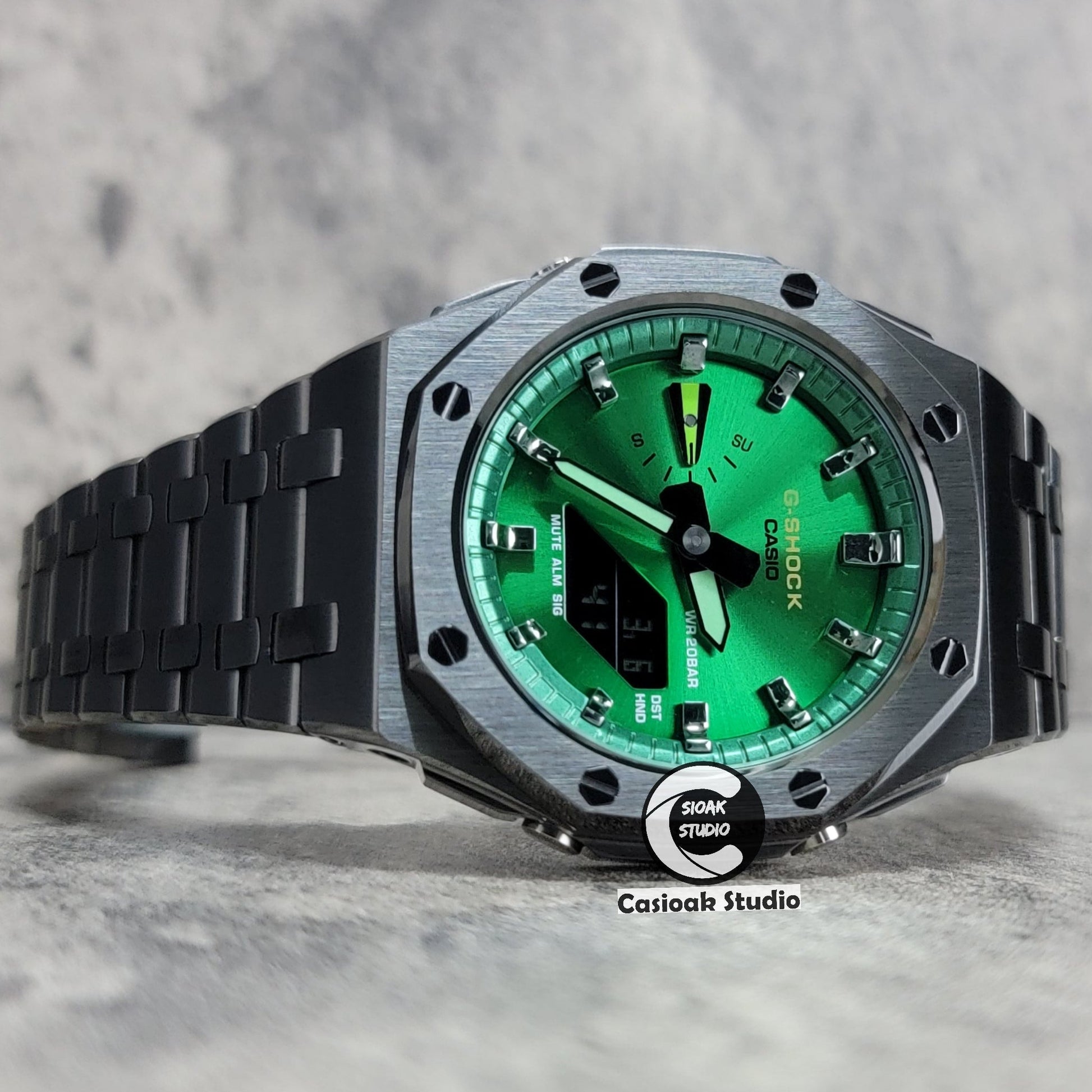 Casioak Mod Watch Offshore Superior Gray Case Metal Strap Green Gray Time Mark Green Dial 44mm- Casioak Mod Casio G-Shock Royal Oak Custom Mens Luxury Watches Ga2100