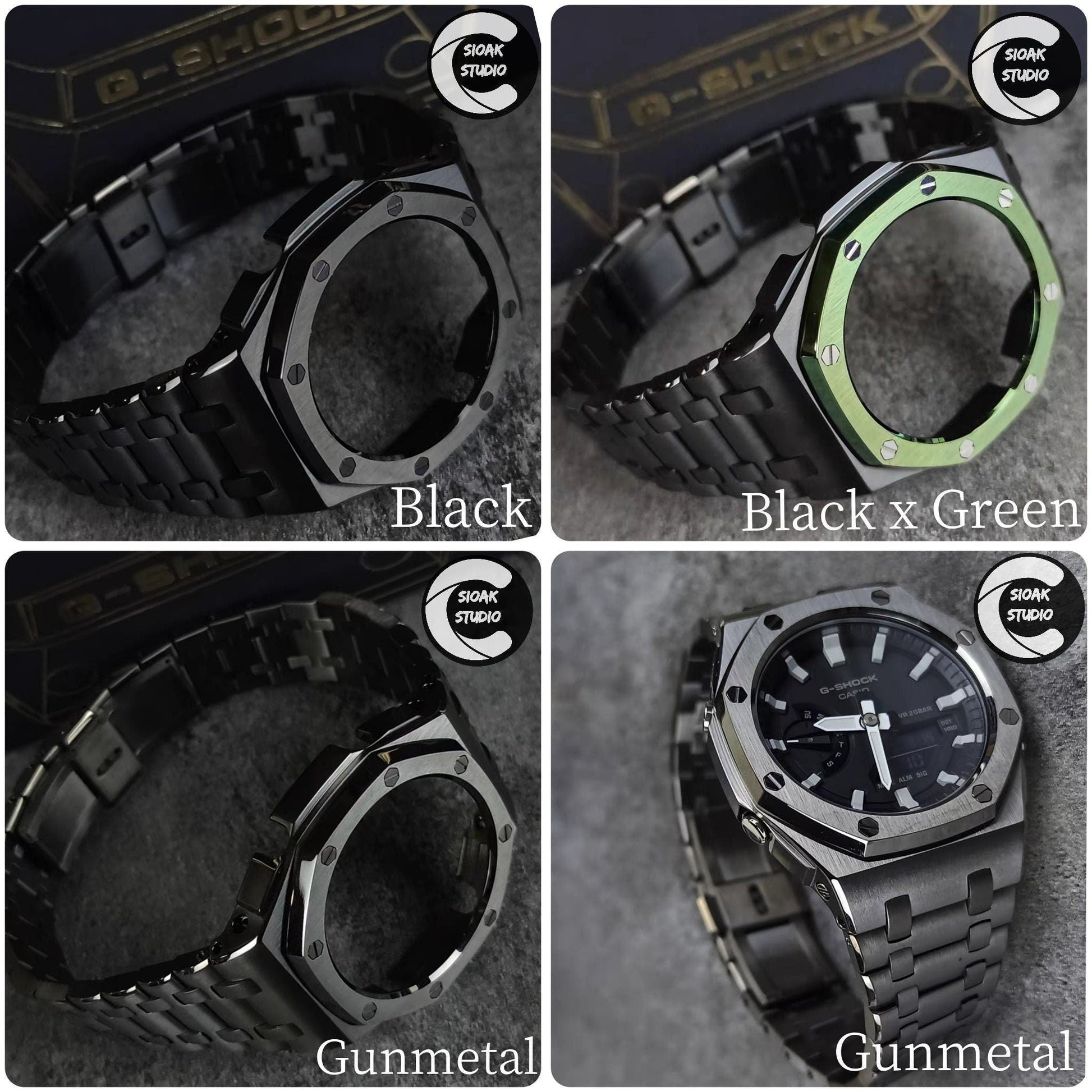 Casioak Mod Watch Offshore Superior Gray Silver Case Metal Strap Black Gray Time Mark Olive Dial 44mm- Casioak Mod Casio G-Shock Royal Oak Custom Mens Luxury Watches Ga2100