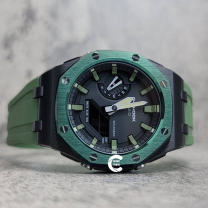 Casioak Mod Watch Offshore Superior Green Black Case Green Rubber Rubber Strap Black Green Time Mark Black Dial 44mm- Casioak Mod Casio G-Shock Royal Oak Custom Mens Luxury Watches Ga2100