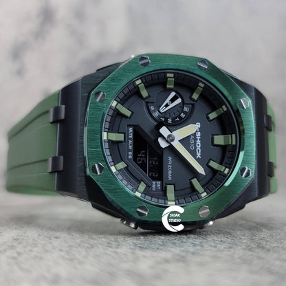 Casioak Mod Watch Offshore Superior Green Black Case Green Rubber Rubber Strap Black Green Time Mark Black Dial 44mm- Casioak Mod Casio G-Shock Royal Oak Custom Mens Luxury Watches Ga2100